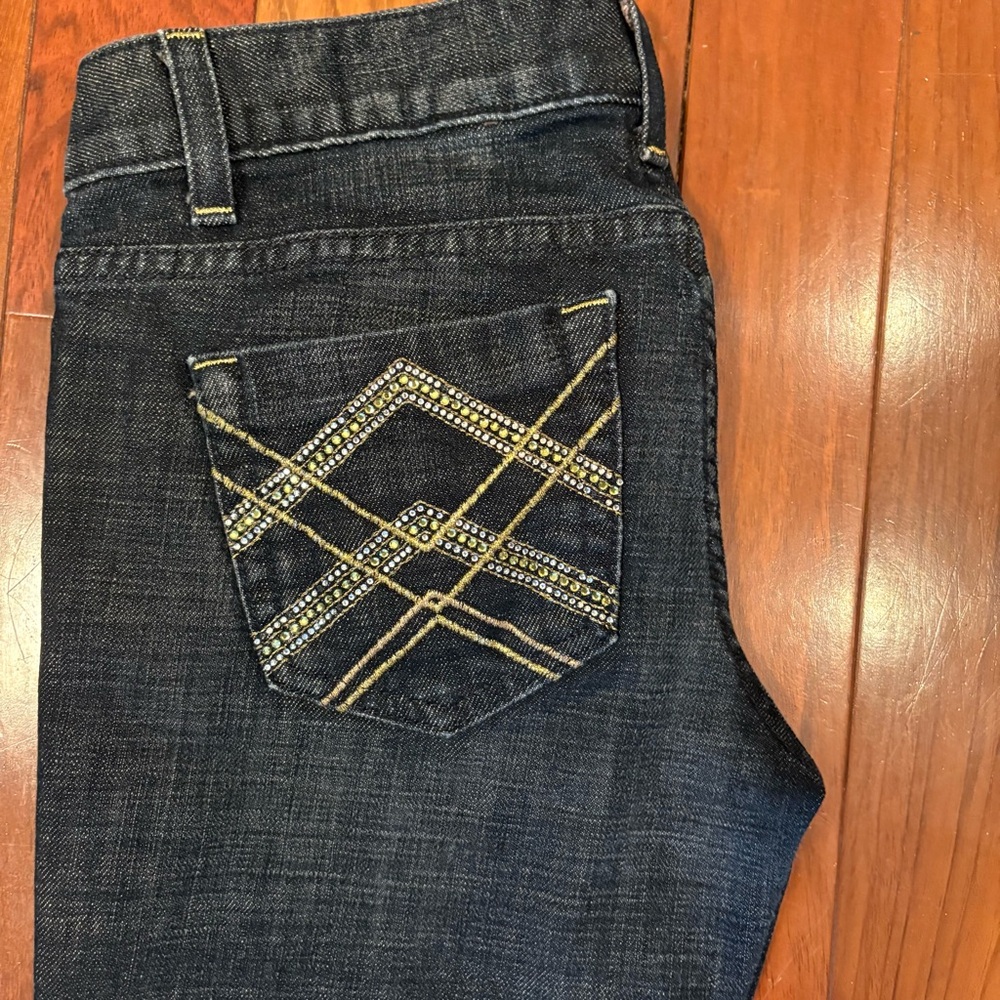 Bebe Premium Denim Jeans Carmen Bootcut Nouveau 27” Waist EUC Bling Pockets Wman